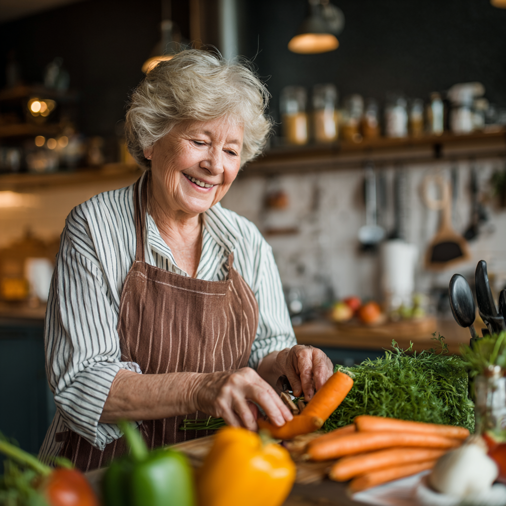Smiling elderly European woman holding fresh vegetables and fruits in a bright kitchen