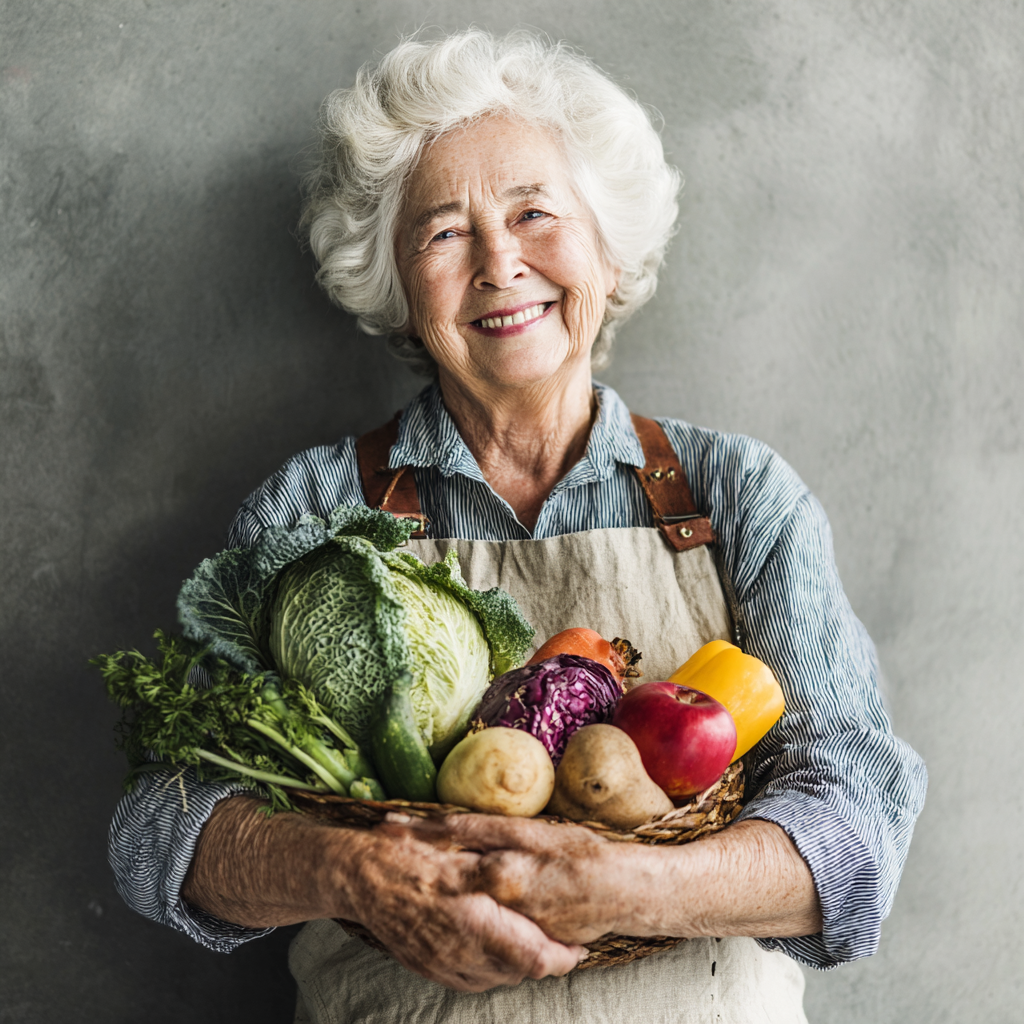Elderly European man preparing a protein-rich meal with fish and vegetables in a modern kitchen