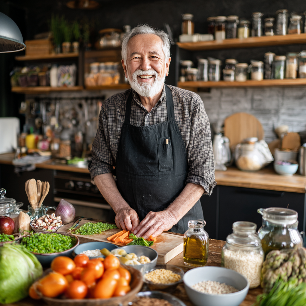 Content elderly European couple cooking together with fresh ingredients, showing energy and focus